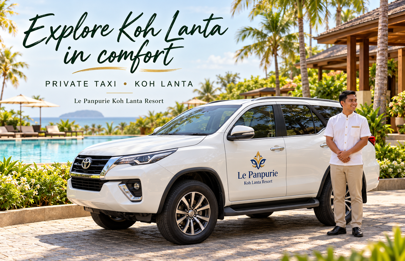 Koh-Lanta-Private-Transfer-Le-Panpurie-Koh-Lanta-Resort-2026-04 Koh-Lanta-Private-Transfer-Le-Panpurie-Koh-Lanta-Resort-2026-04 Koh Lanta private taxi car parked beside island resort pool private transfers koh lanta Private Transfers Koh Lanta Koh Lanta Private Transfer Le Panpurie Koh Lanta Resort 2026 04