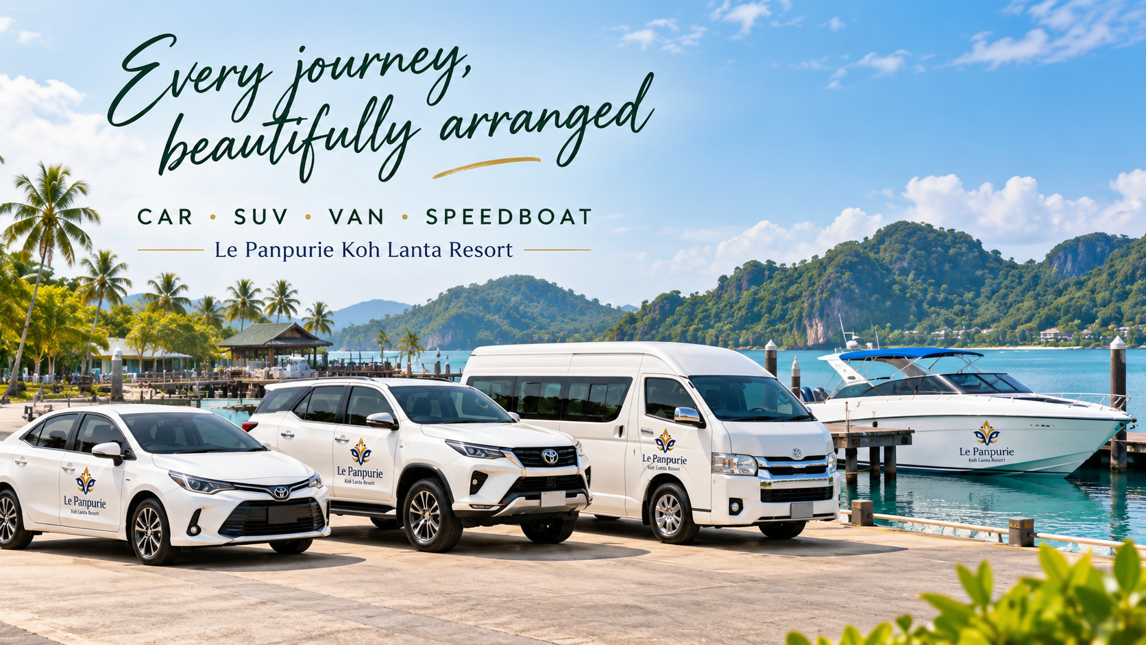 Le-Panpurie-Koh-Lanta-Resort-Pivate-transfer-2026-01 Le-Panpurie-Koh-Lanta-Resort-Pivate-transfer-2026-01 Koh Lanta transport service vehicle lineup car SUV van and speedboat private transfers koh lanta Private Transfers Koh Lanta Le Panpurie Koh Lanta Resort Pivate transfer 2026 01